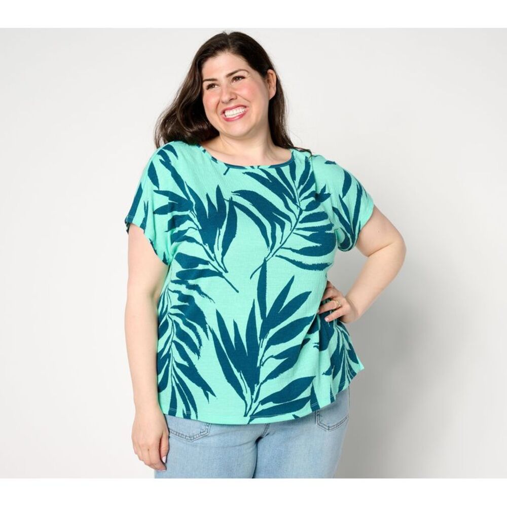 Denim & Co. Women's Top Sz S Beach Printed Knit Gauze Dolman Sleeve Green